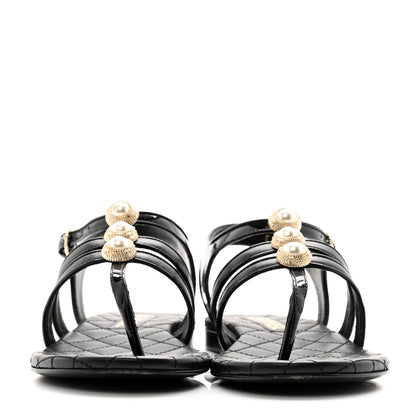 Chanel Lambskin Pearl Thong Sandals 36.5 Black 2 of 12