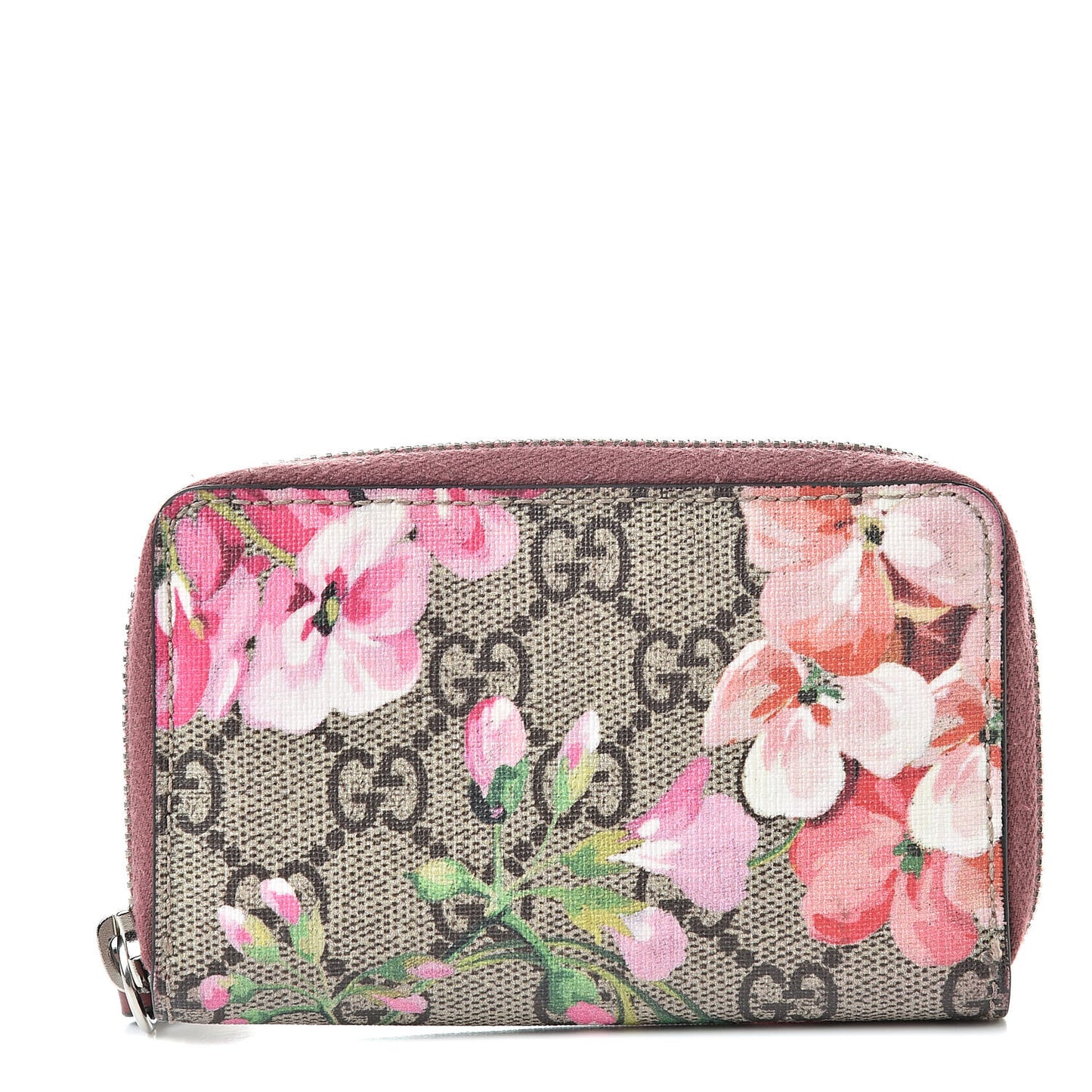 GG Supreme Monogram Blooms Zip Around Card Case Wallet Beige Multicolor Dry Rose