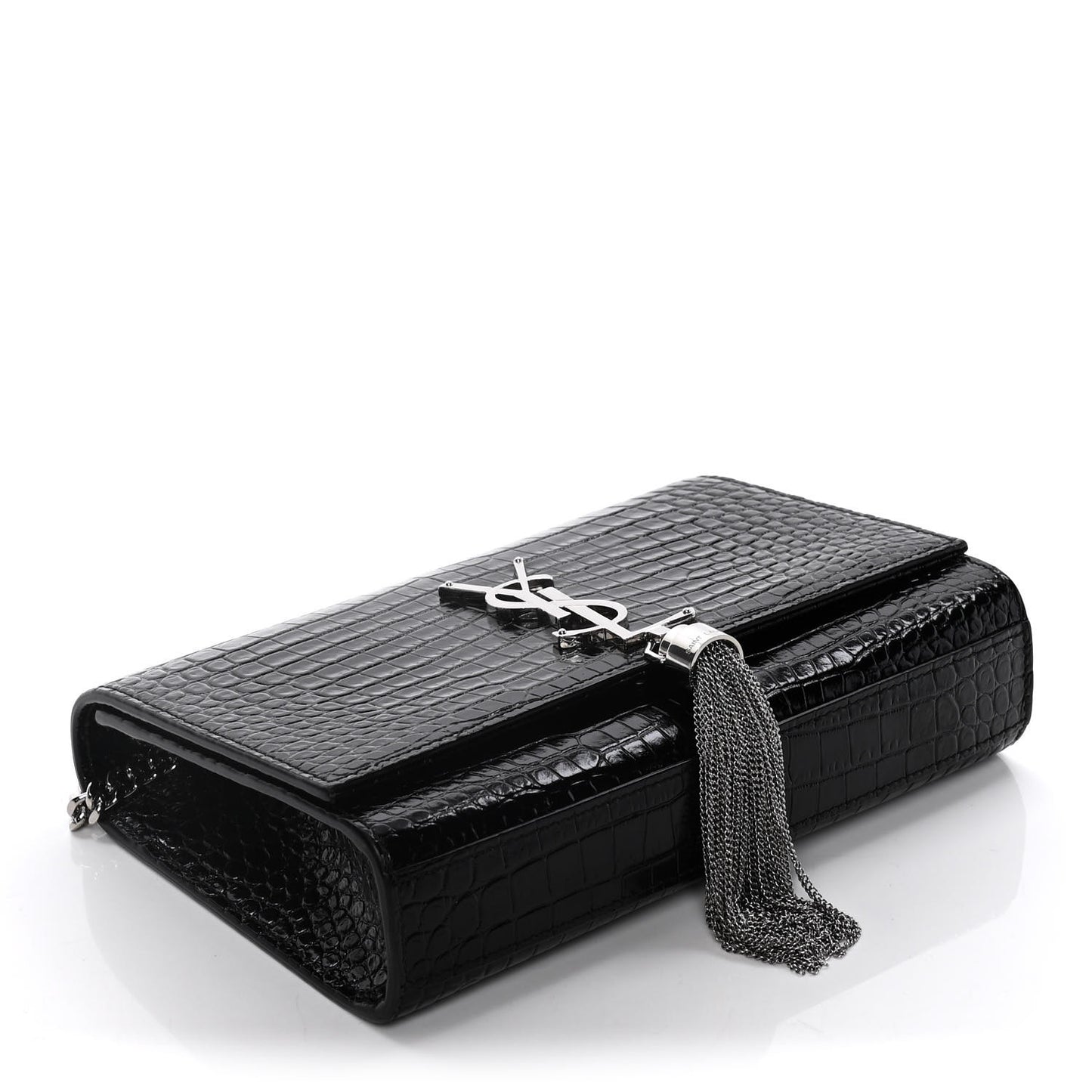 Calfskin Crocodile Embossed Small Classic Monogram Kate Tassel Satchel Black