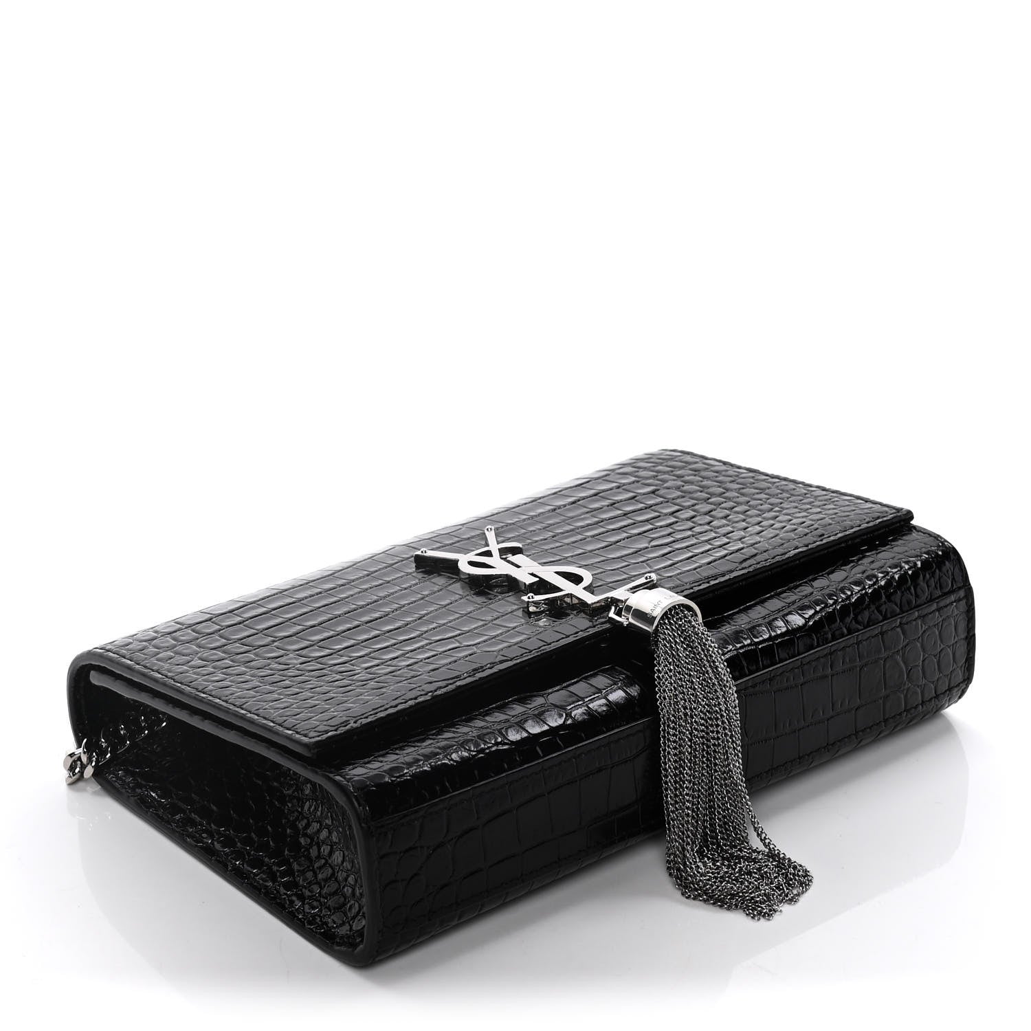 Saint Laurent Calfskin Crocodile Embossed Small Classic Monogram Kate Tassel Satchel Black 4 of 12