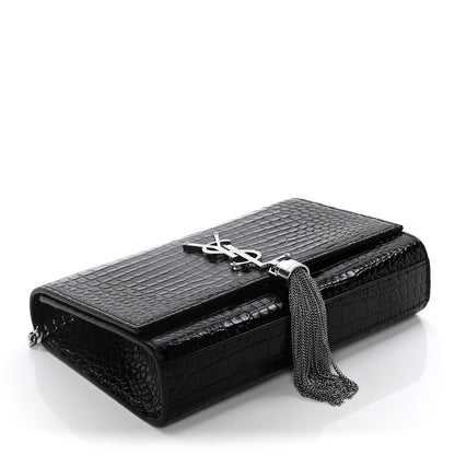 Saint Laurent Calfskin Crocodile Embossed Small Classic Monogram Kate Tassel Satchel Black 4 of 12