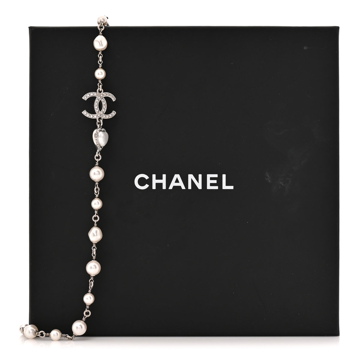 Crystal Pearl CC Heart Necklace Silver