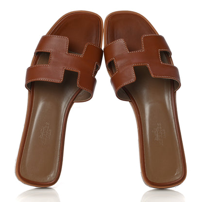 Hermes Box Calfskin Oran Sandals 37.5 Gold 5 of 15