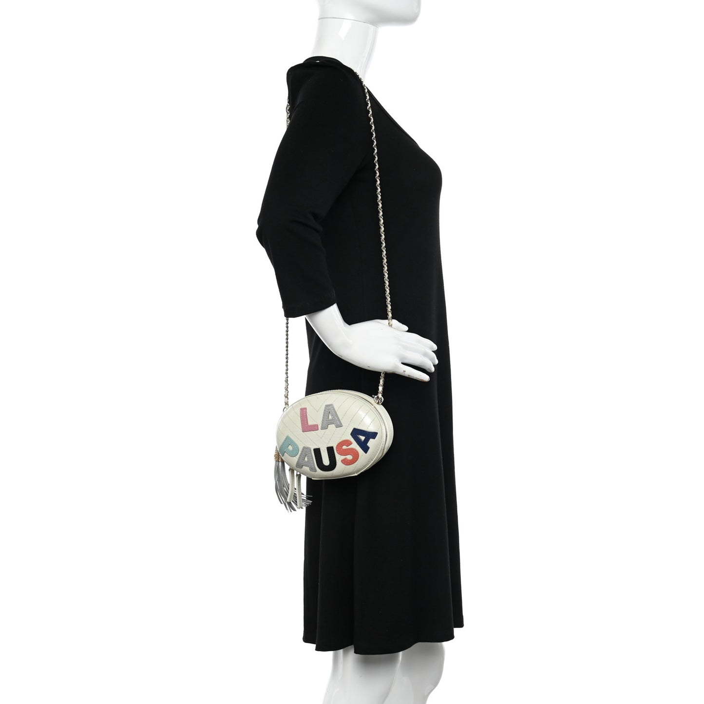 Embroidered Lambskin Chevron Quilted La Pausa Evening Bag White