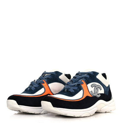 Chanel Nylon Calfskin Suede CC Womens Sneakers 35.5 Navy White Orange 3 of 8