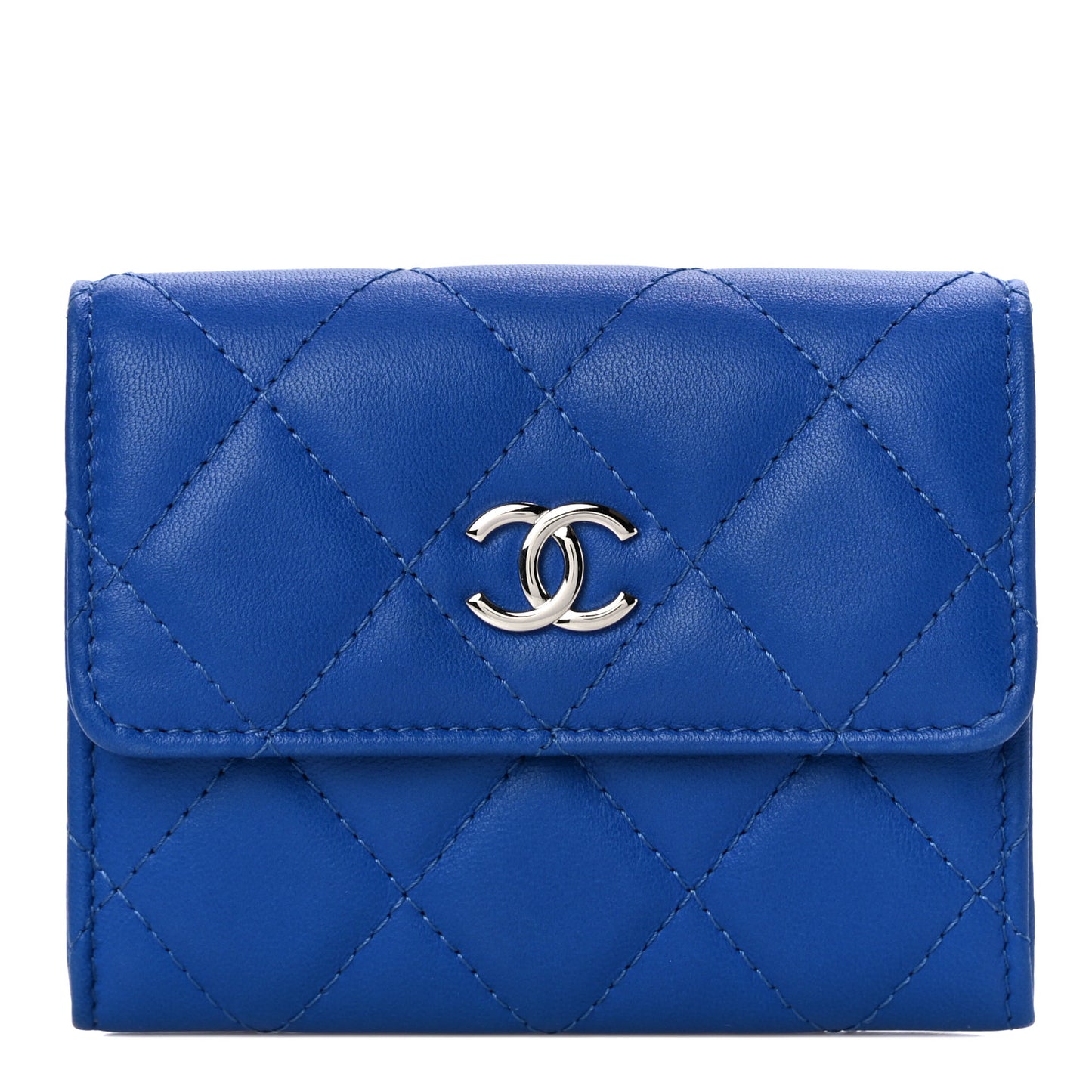 Lambskin Quilted Flap Card Holder Blue
