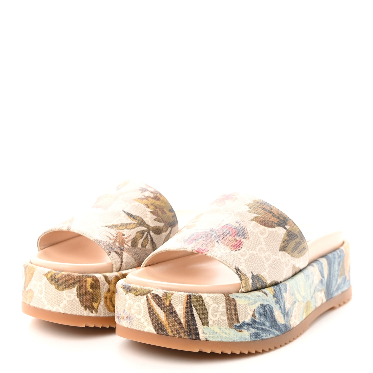 GG Supreme Monogram Water Flora Angelina Platform Slide Sandals 36.5 Beige White Multicolor