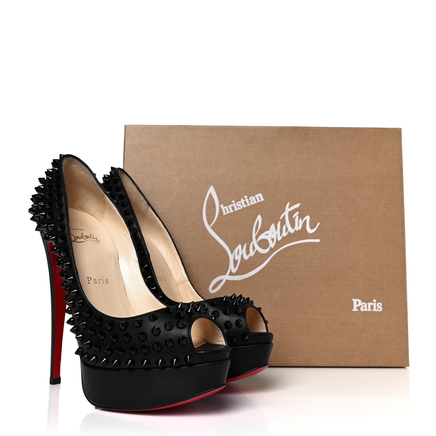 Christian Louboutin Calfskin Lady Peep Spikes VIP 150 Pumps 39 Black 8 of 8