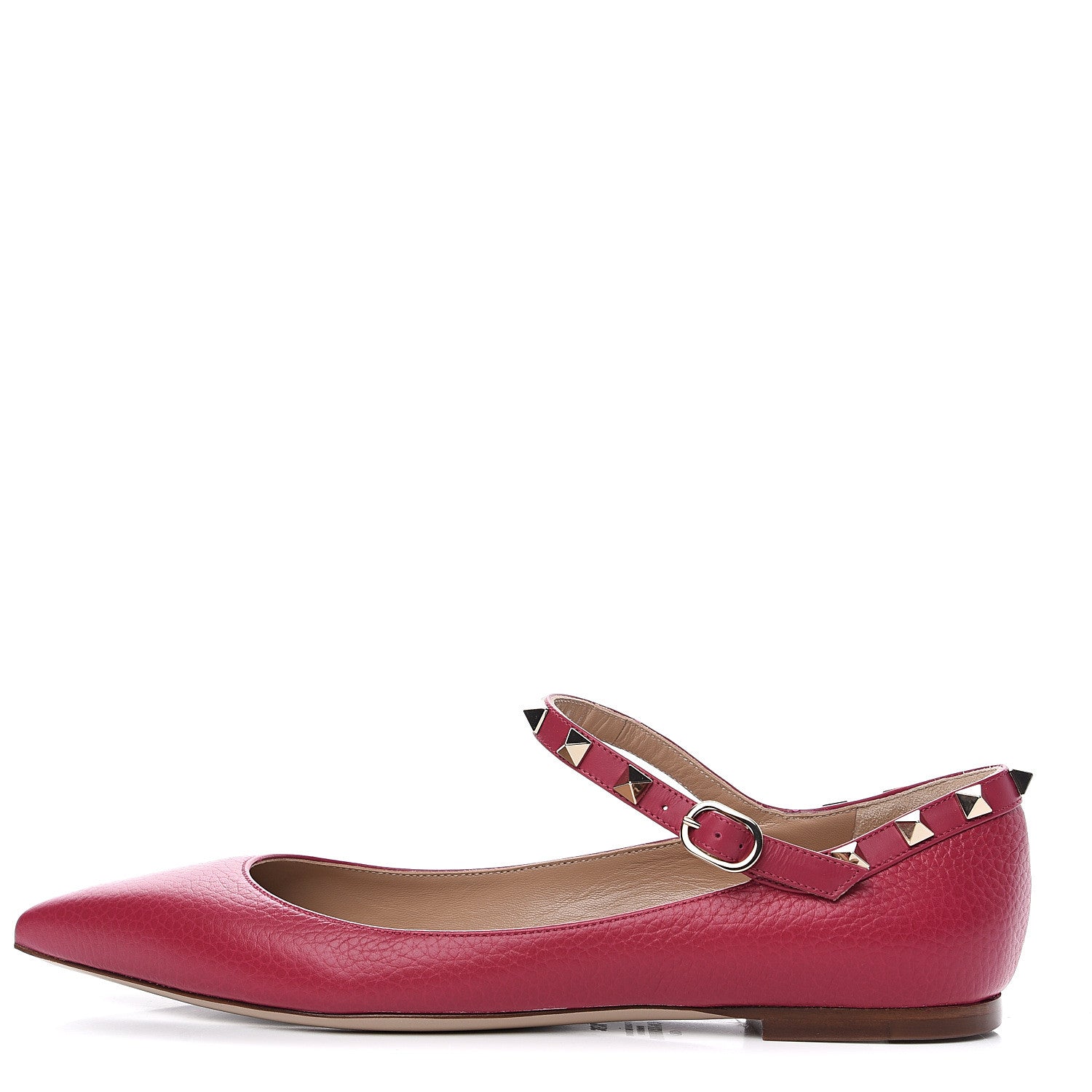 Valentino Garavani Pebbled Calfskin Rockstud Ankle Strap Ballerina Flats 38.5 Deep Fuxia 1 of 9
