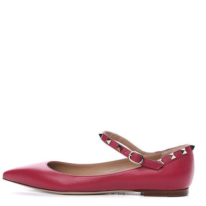 Valentino Garavani Pebbled Calfskin Rockstud Ankle Strap Ballerina Flats 38.5 Deep Fuxia 1 of 9