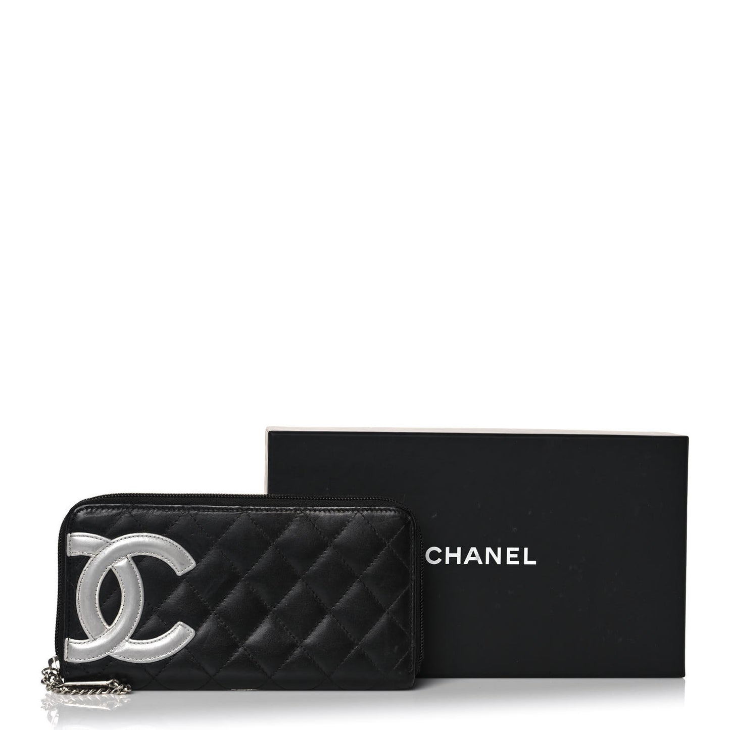 Calfskin Quilted Cambon Large Gusset Zip Around Wallet Black Silver