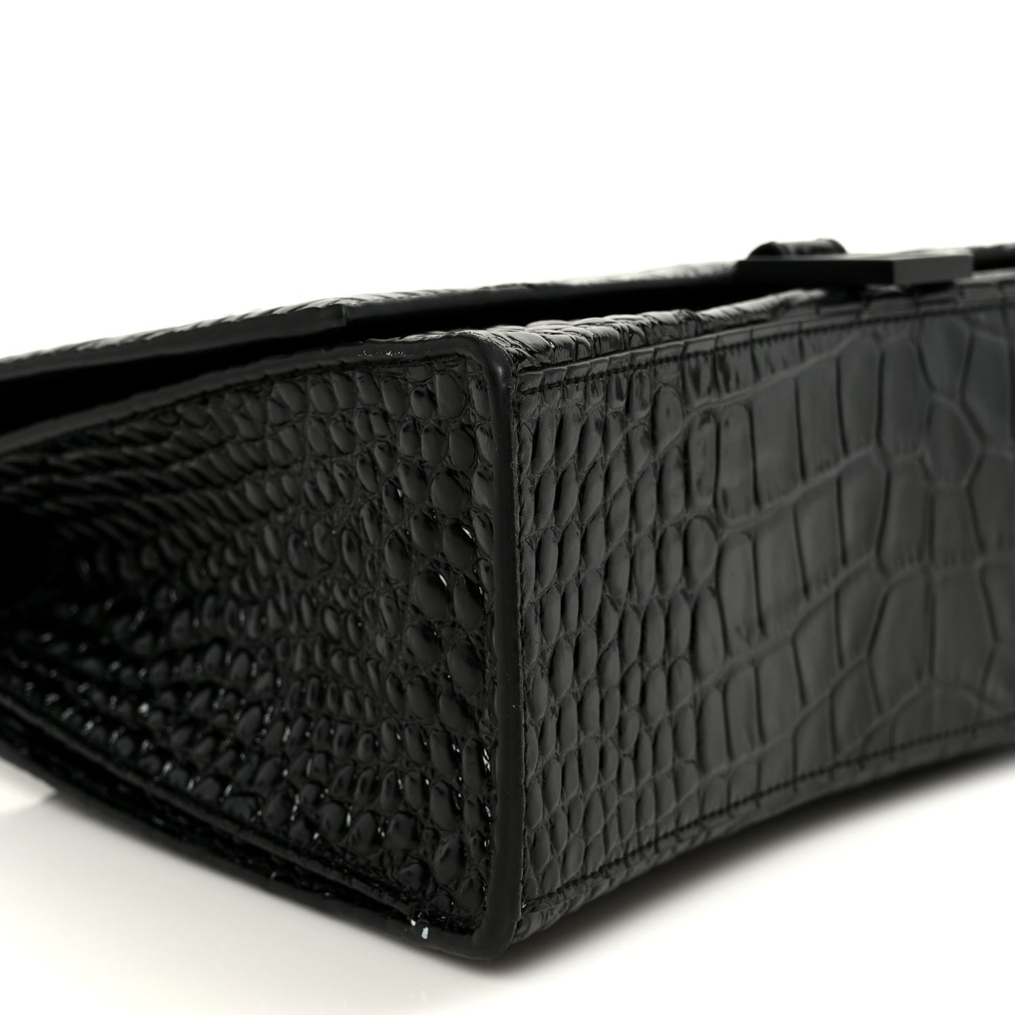Shiny Calfskin Monochrome Crocodile Embossed Medium Hourglass Top Handle Bag Black