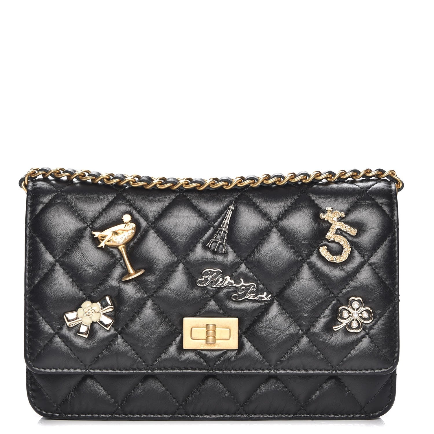 Chanel Aged Calfskin Quilted Lucky Charms 2.55 Reissue Wallet On Chain WOC Black 1 of 9