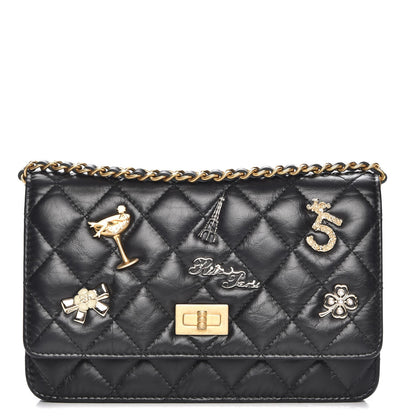 Chanel Aged Calfskin Quilted Lucky Charms 2.55 Reissue Wallet On Chain WOC Black 1 of 9