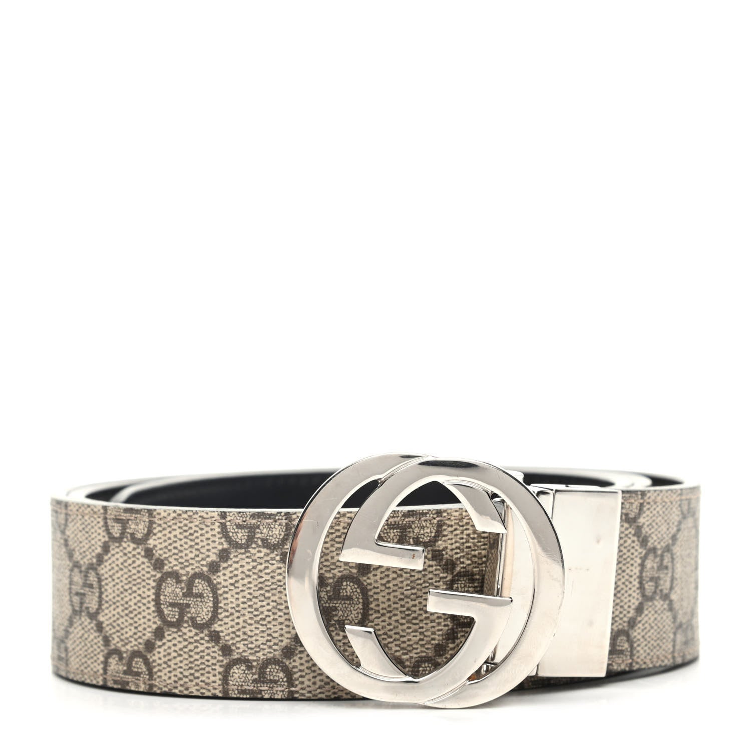 Gucci GG Supreme Monogram Selleria Calfskin Interlocking G Reversible 37mm Belt 95 38 Beige Ebony Black 1 of 5