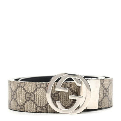 Gucci GG Supreme Monogram Selleria Calfskin Interlocking G Reversible 37mm Belt 95 38 Beige Ebony Black 1 of 5