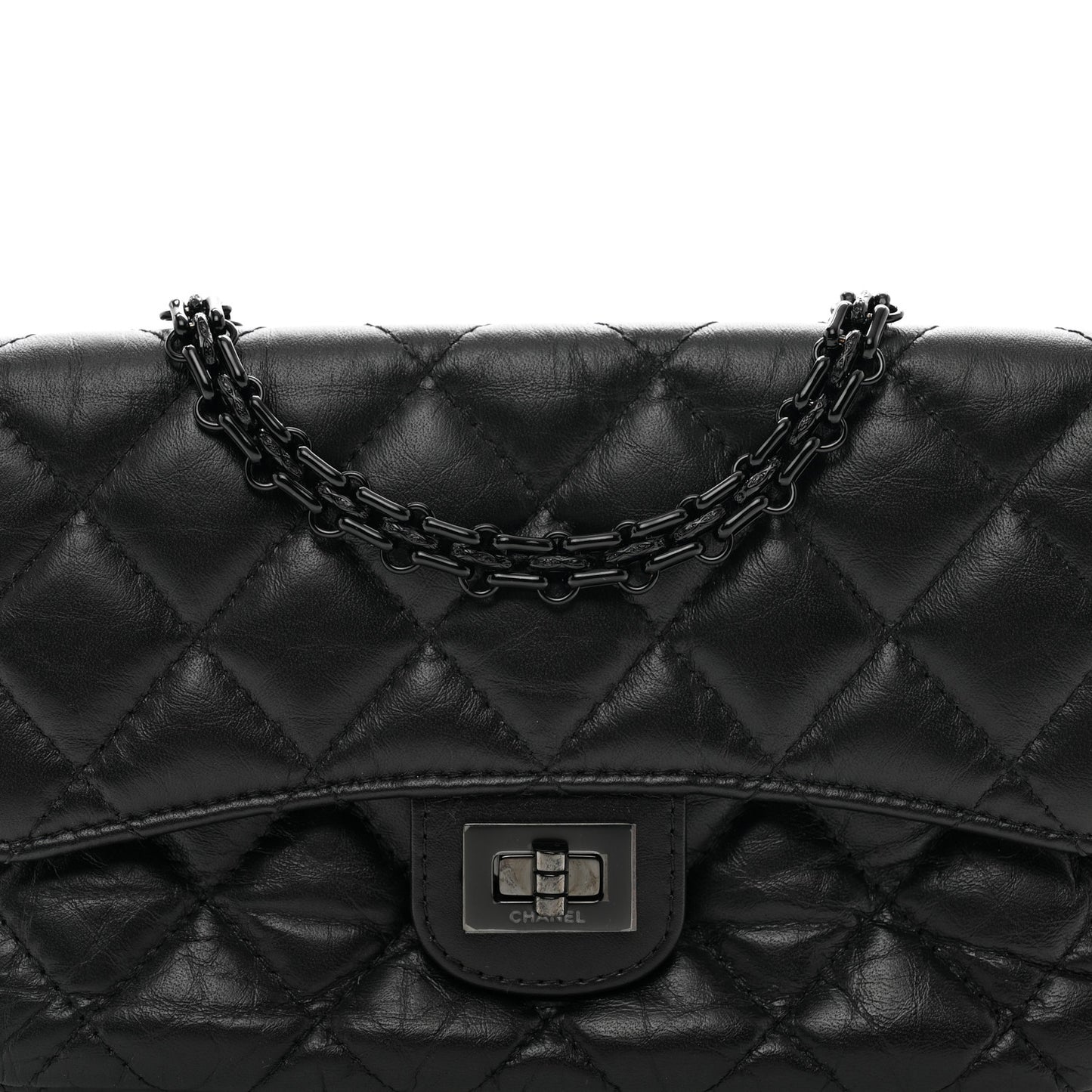 Aged Calfskin Quilted 2.55 Reissue Phone Holder With Chain So Black