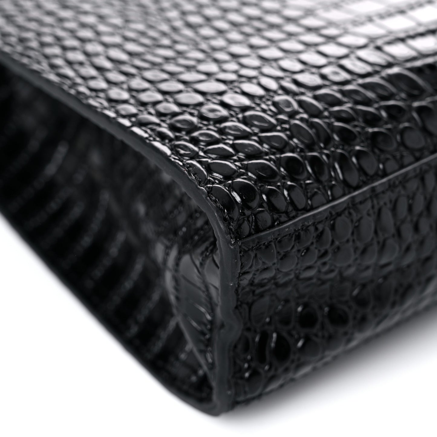 Shiny Calfskin Crocodile Embossed Manhattan Baguette Black