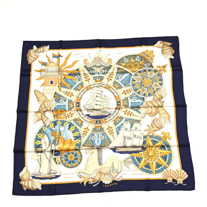 Hermes Silk L'Air Marin Scarf 90 Blue Gold 1 of 5