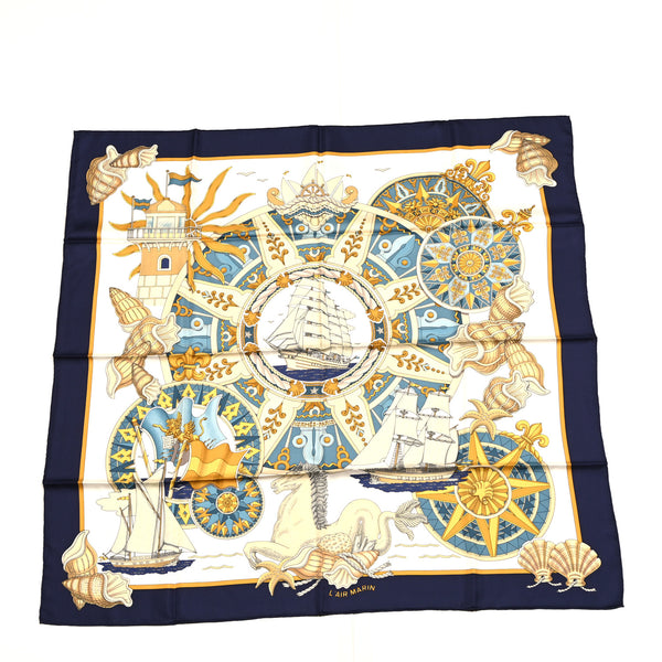 Hermes Silk L'Air Marin Scarf 90 Blue Gold 1685632 – FASHIONPHILE