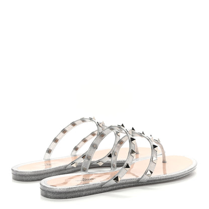 Valentino Garavani PVC Jelly Glitter Rockstud Caged Flat Thong Sandals 40 Silver 4 of 7