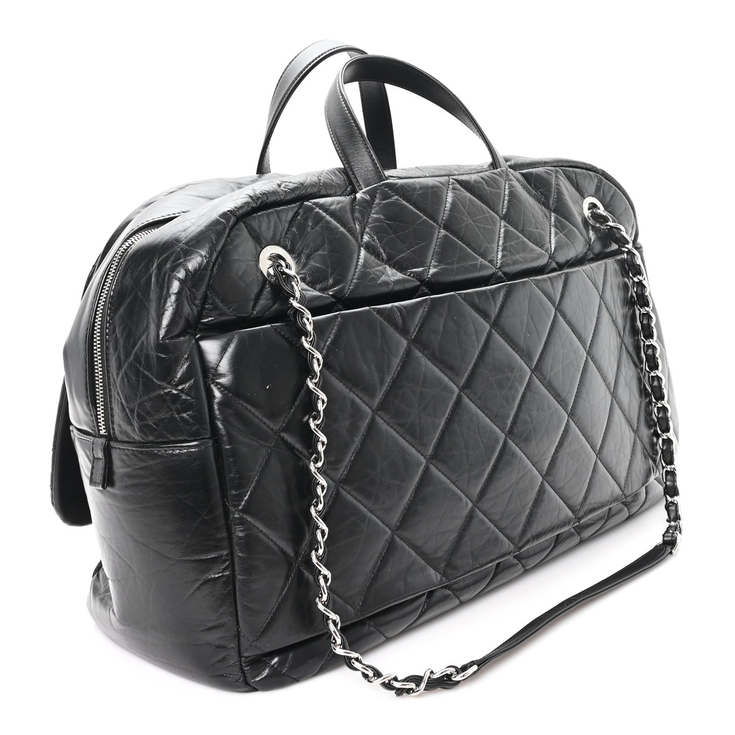 Aged Calfskin Quilted Large Express Bowling Bag Black