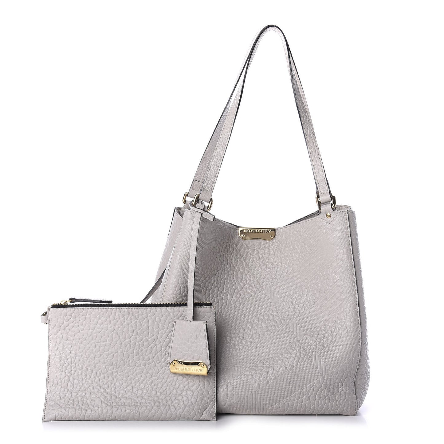 Signature Grain Calfskin Check Embossed Small Canterbury Tote Stone White
