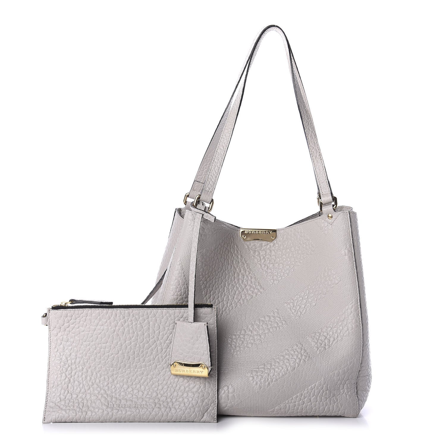 Burberry Signature Grain Calfskin Check Embossed Small Canterbury Tote Stone White 1 of 12