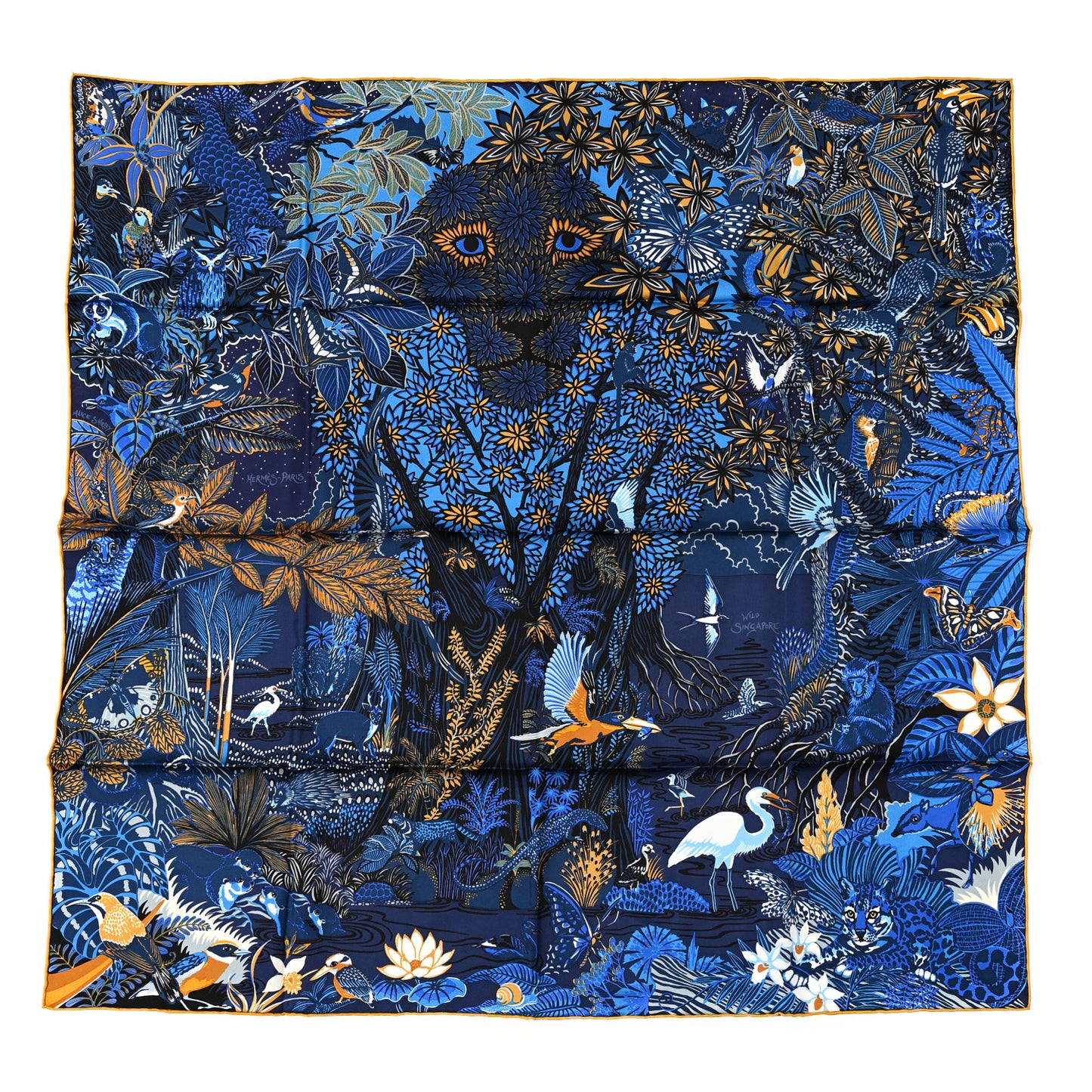 Silk Wild Singapore Scarf 90 Bleu Roy Gold Marine