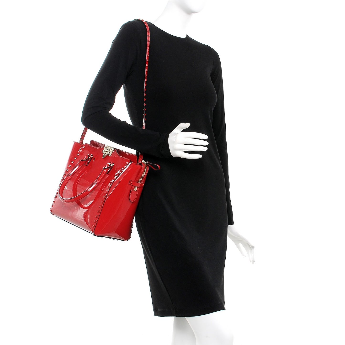 Patent Monochrome Rockstud Double Handle Tote Rosso Valentino