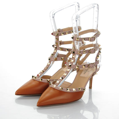 Valentino Garavani Nappa Rockstud Ankle Strap Low Heel Pumps 37 Cognac Poudre 3 of 7