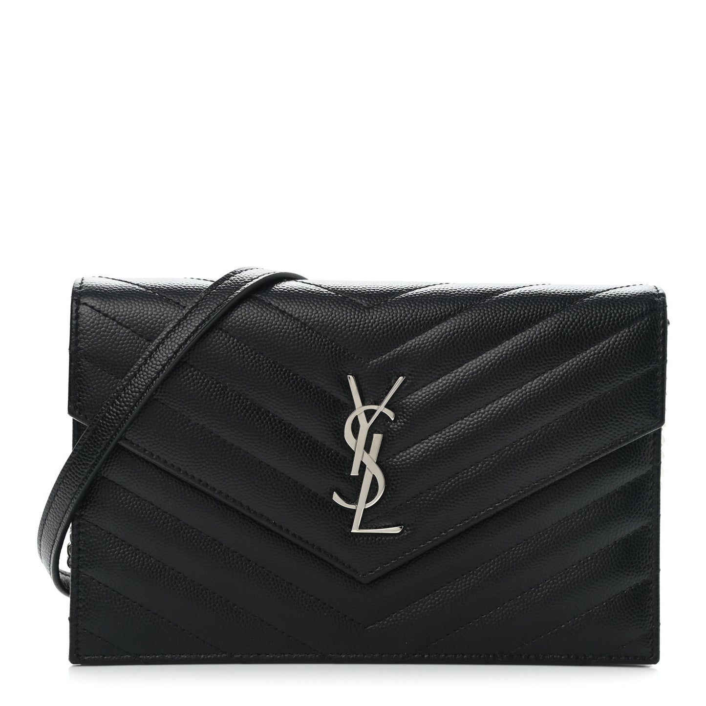 Grain De Poudre Matelasse Chevron Monogram Envelope Chain Wallet Black