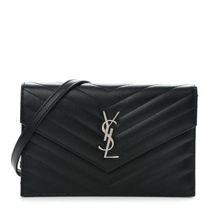 Saint Laurent Grain De Poudre Matelasse Chevron Monogram Envelope Chain Wallet Black 1 of 8