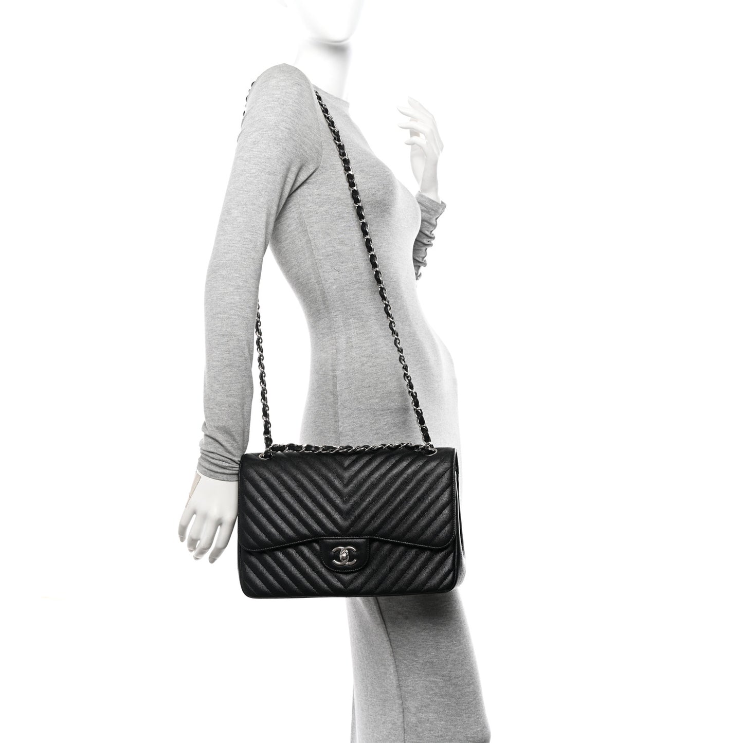 Iridescent Caviar Chevron Quilted Jumbo Double Flap Black