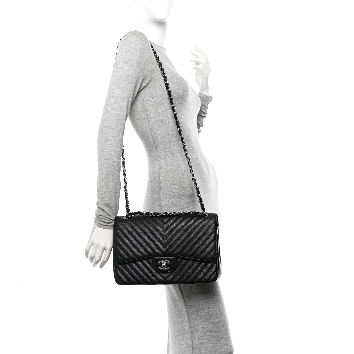 Chanel Iridescent Caviar Chevron Quilted Jumbo Double Flap Black 2 of 10