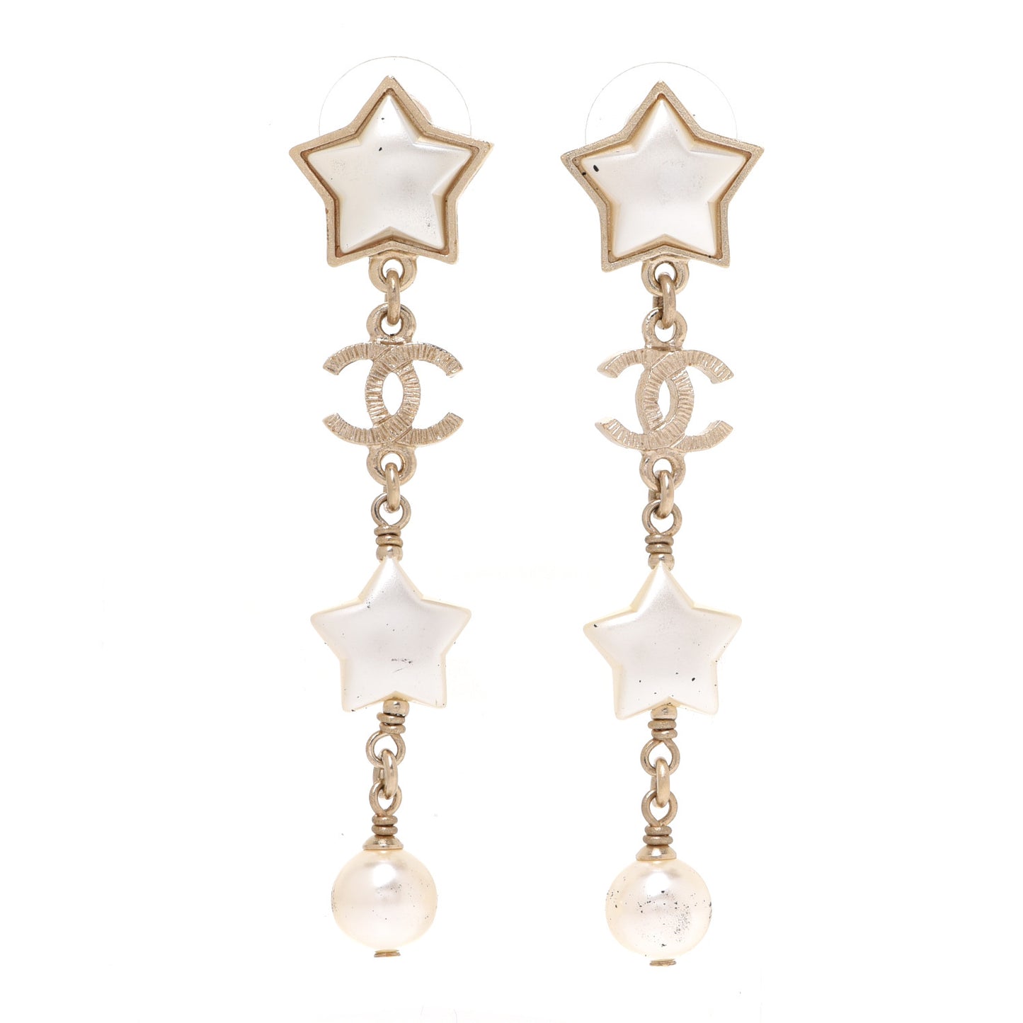 Metal Resin Pearl Star CC Drop Earrings Gold Pearly White