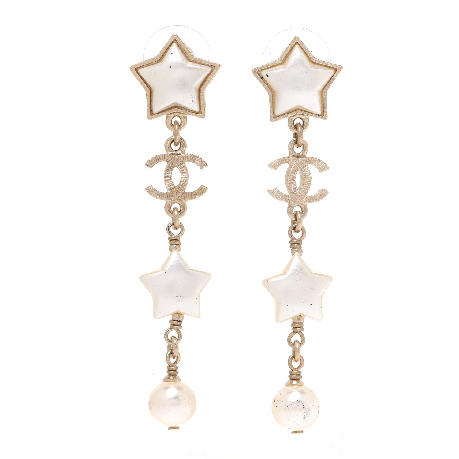 Chanel Metal Resin Pearl Star CC Drop Earrings Gold Pearly White 1 of 5