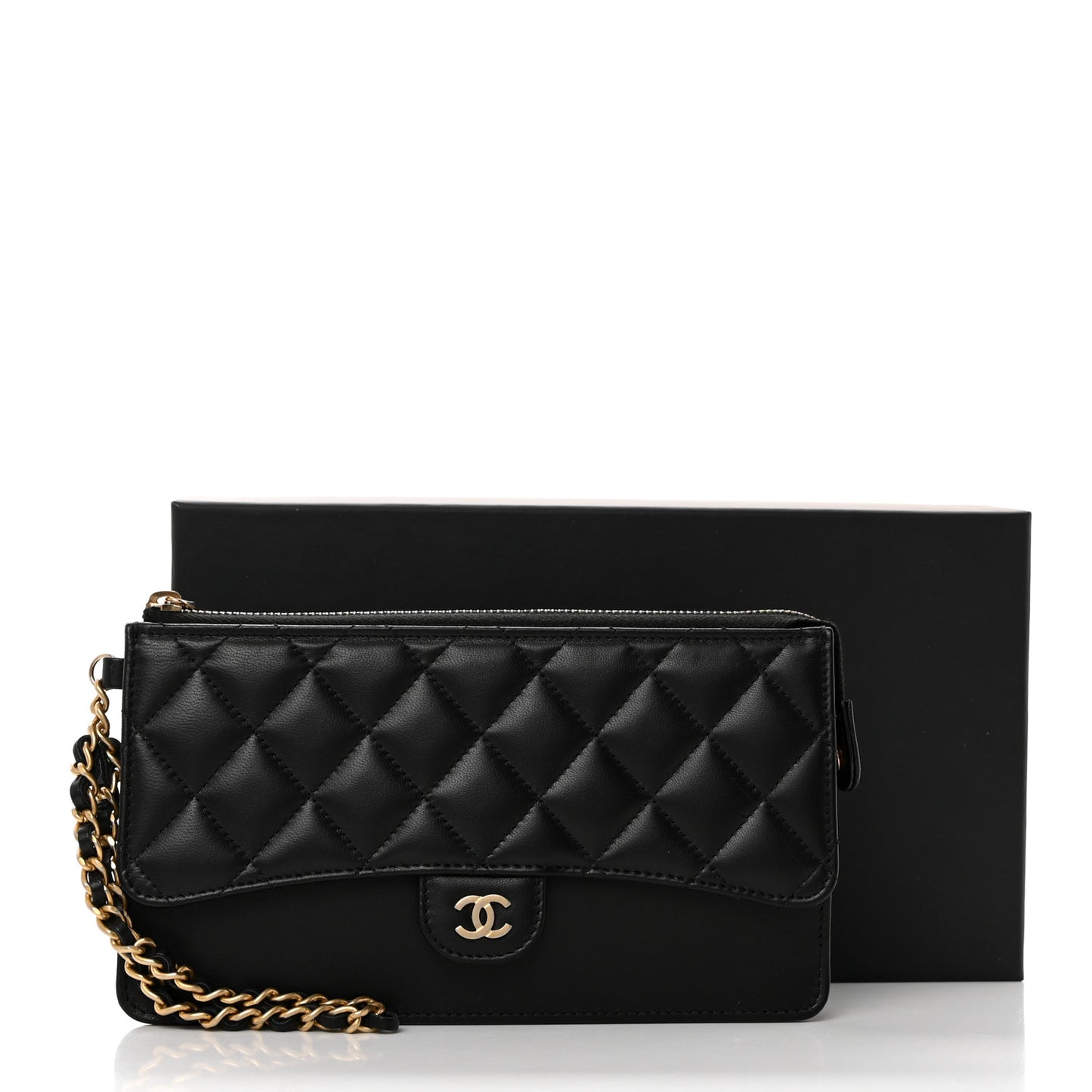 Lambskin Quilted Classic Pouch With Handle Black
