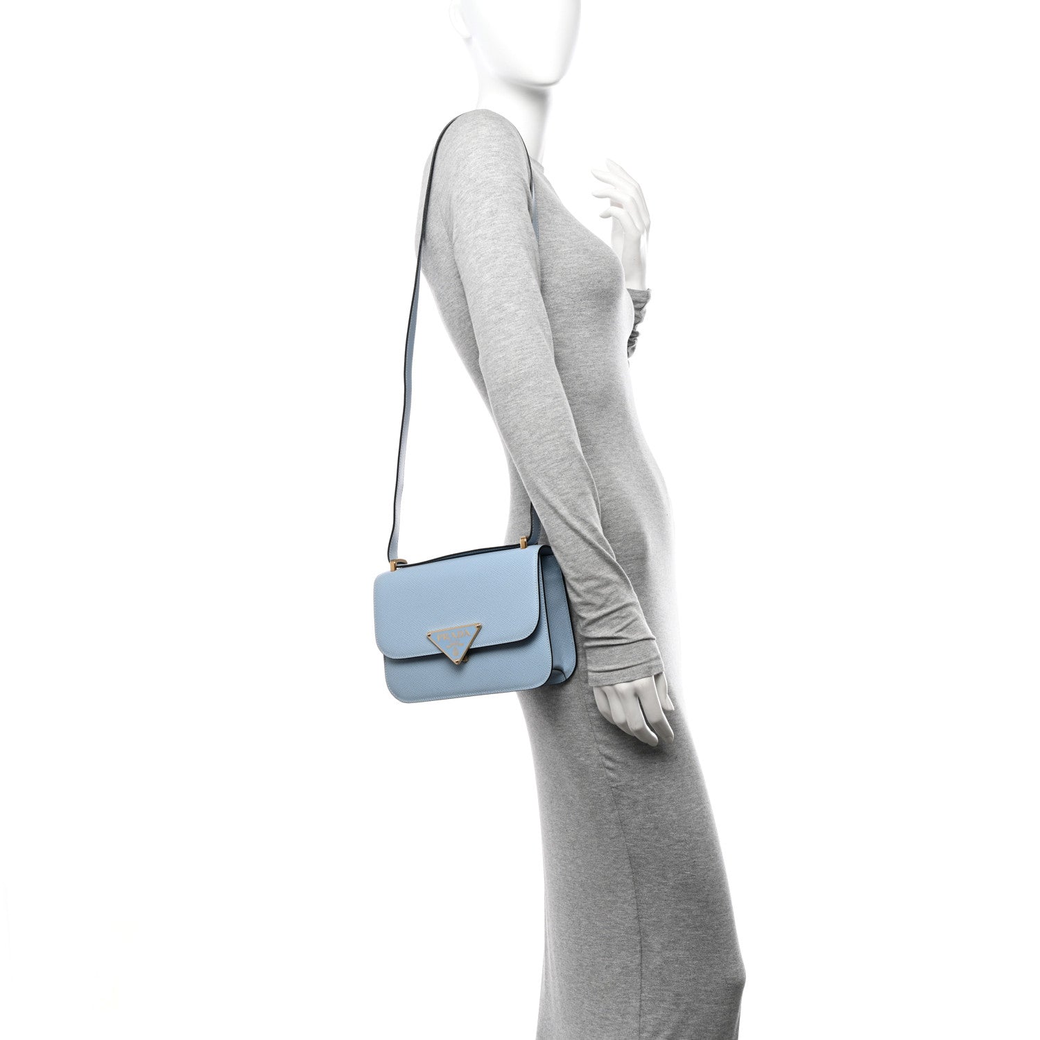 Prada Saffiano Cuir Triangle Embleme Flap Shoulder Bag Celeste 2 of 10