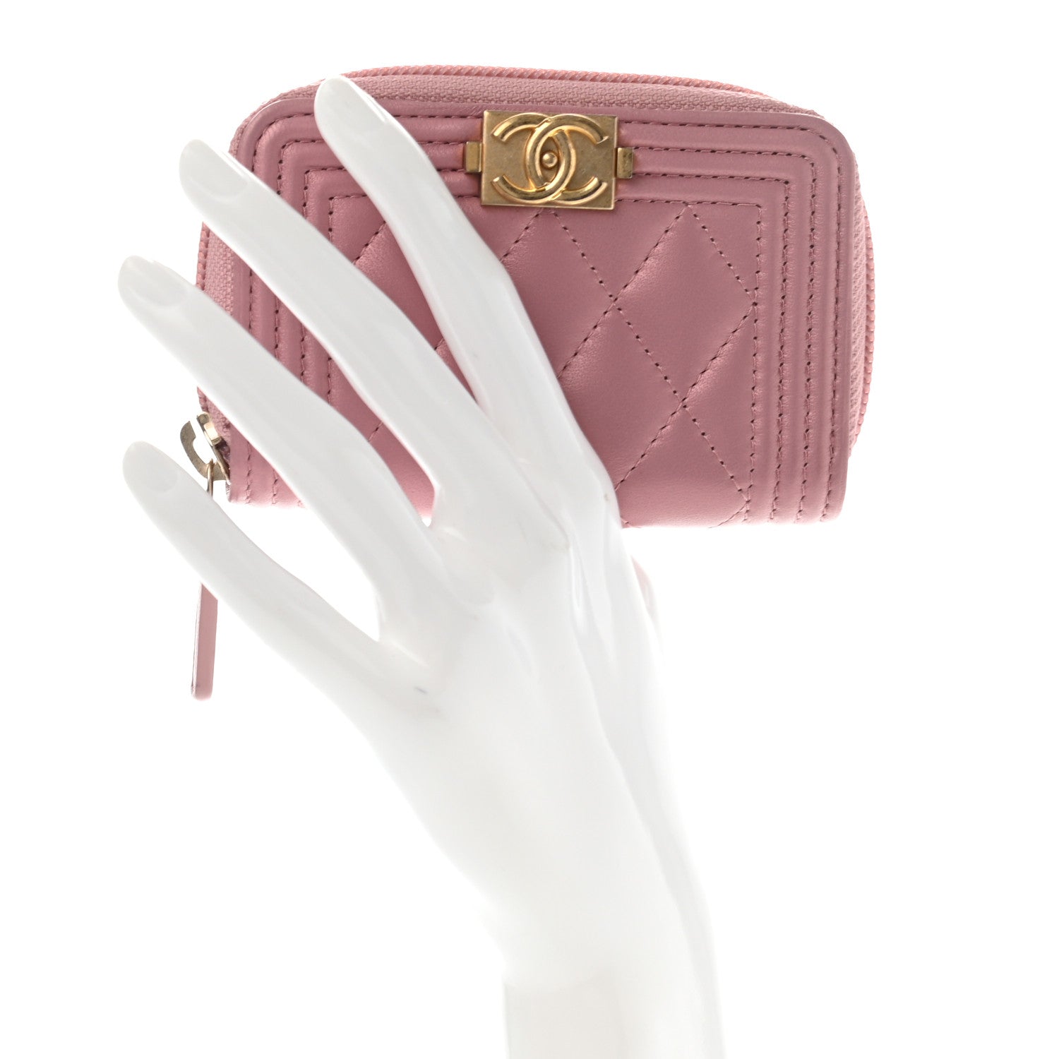 Chanel Metallic Lambskin Quilted Boy Zip Around Coin Purse Wallet Pink 2 of 10