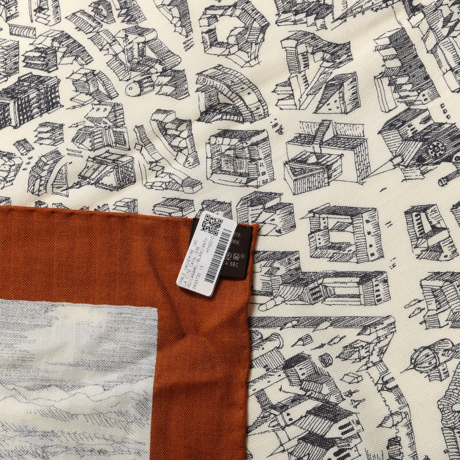 Hermes Cashmere Silk La Cite Cavaliere Shawl 140 Caramel White Anthracite 2 of 5