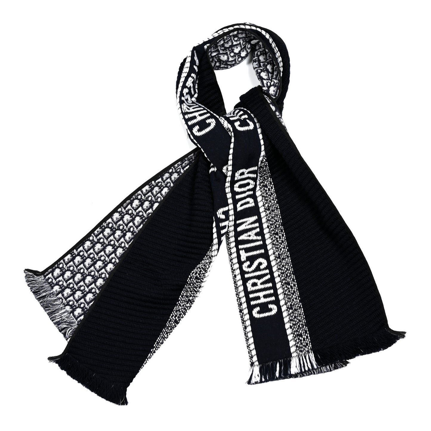 Wool Silk Oblique University Reversible Scarf Navy Blue