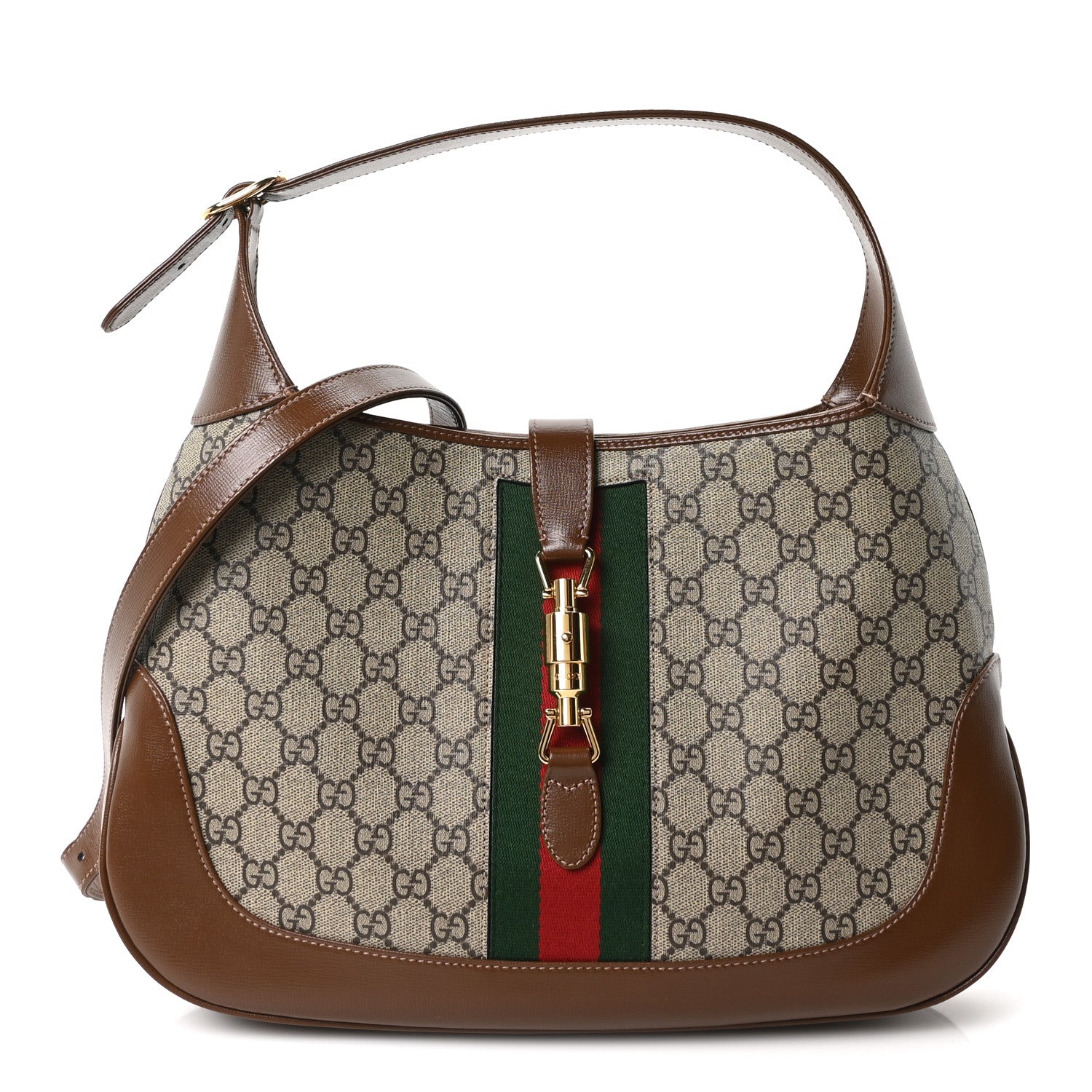 Gucci GG Supreme Monogram Azalea Calfskin Web Medium Jackie 1961 Hobo Beige Ebony Brown Sugar 1 of 10