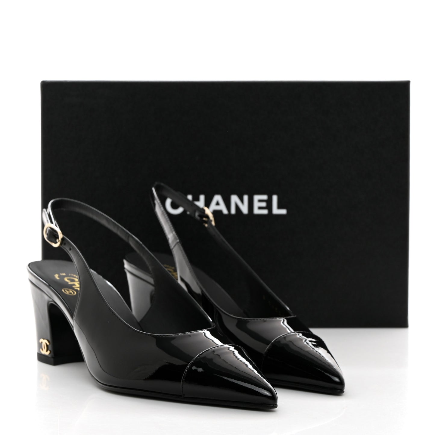 Patent Calfskin Cap Toe CC Slingback Pumps 37 Black