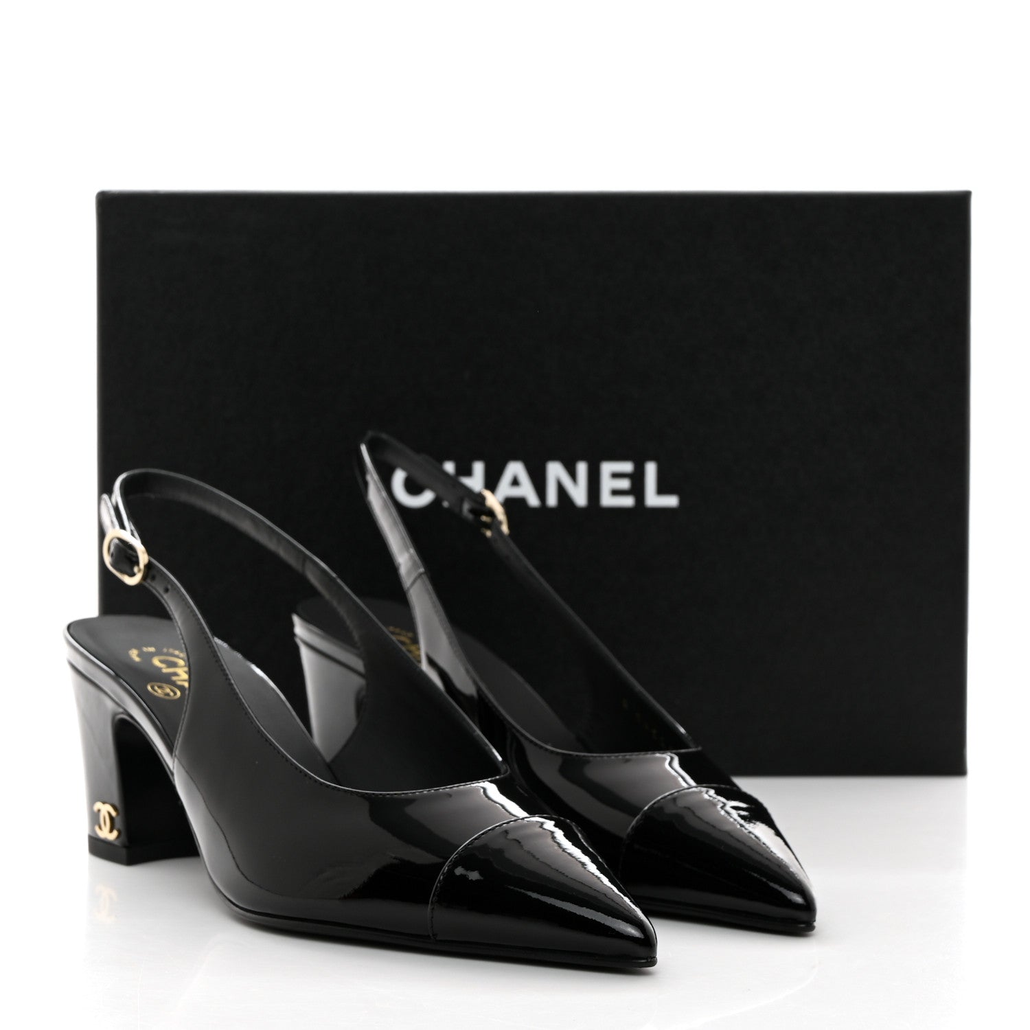 Chanel Patent Calfskin Cap Toe CC Slingback Pumps 37 Black 9 of 9