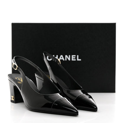 Chanel Patent Calfskin Cap Toe CC Slingback Pumps 37 Black 9 of 9