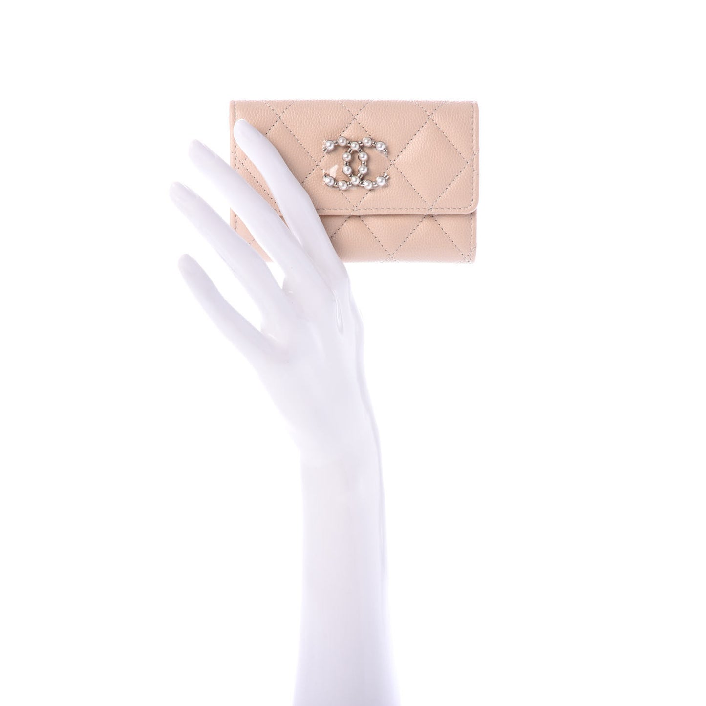 Caviar Pearl Quilted Coco Candy Flap Card Holder Beige