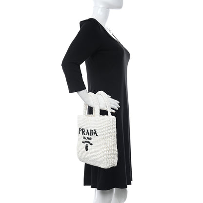 Prada Yarn Raffia Effect Crochet Small Logo Tote Bianco 2 of 10