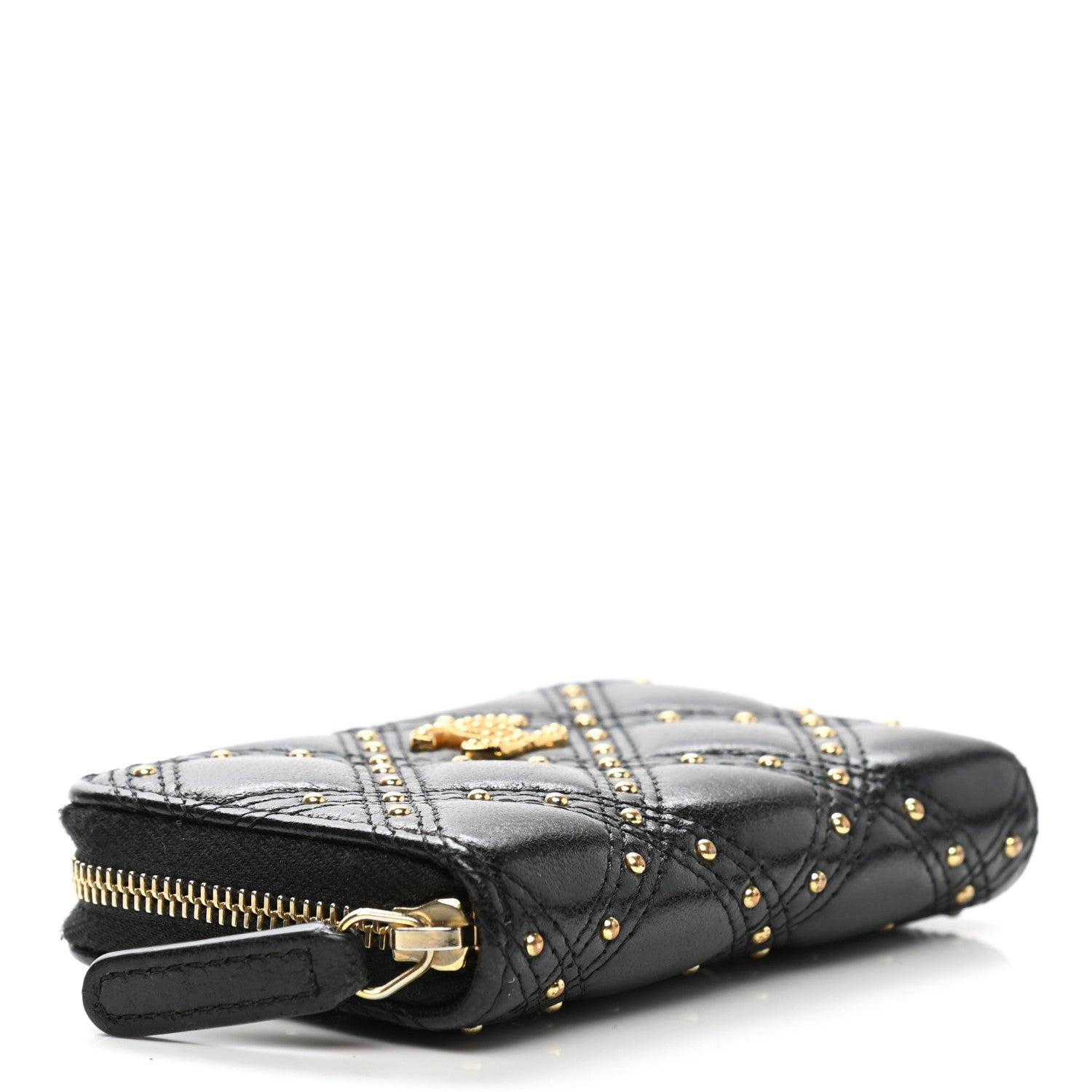 Chanel Lambskin Studded Quilted Compact Zip Around Wallet Black 4 of 8