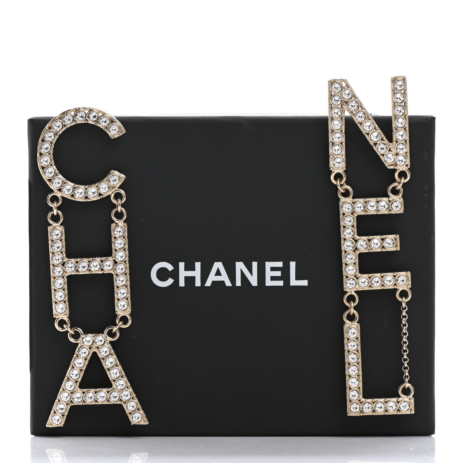 Chanel Crystal Cha-Nel Logo Drop Earrings Gold 5 of 5